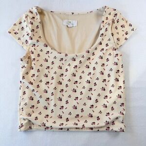 Cottagecore Floral Ribbed Scoop Neck Baby Tee Cream Pink‎ Size Small